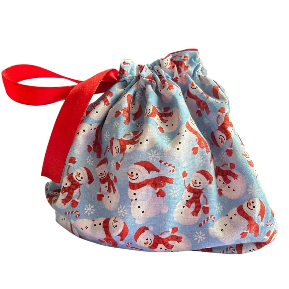 Hand Crafted Snowman Drawstring Gift Bag with Red Ribbon Eco Friendly Reusable